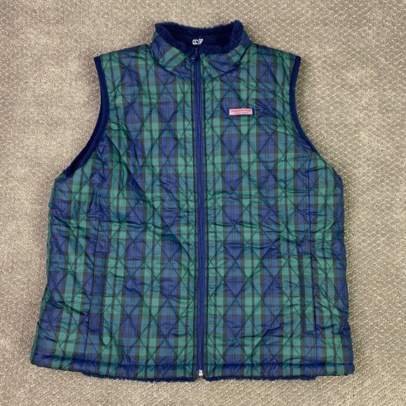 Vineyard Vines Reversible Fleece Plaid Vest Women's XL Blue Green Scotch Check - Picture 2 of 15